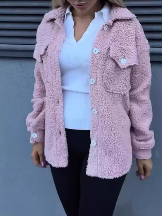 Damen Teddyjacke mit modischen Taschen und Knopfverschluss R&B