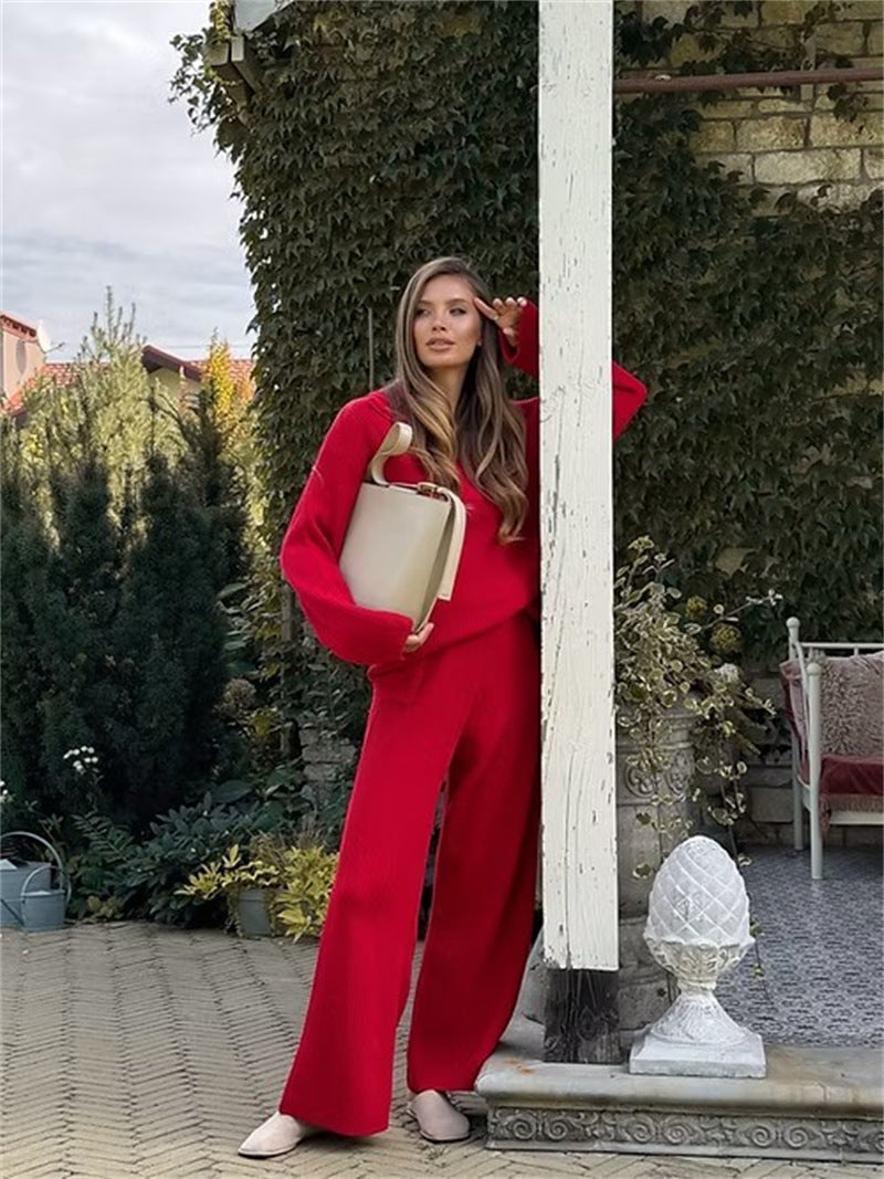Damen gemütliches Strick-Loungewear-Set mit Kapuze und weitem Bein R&B