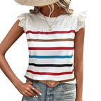 Damen T-Shirt mit Spitzenärmeln und gestreiftem Design R&B