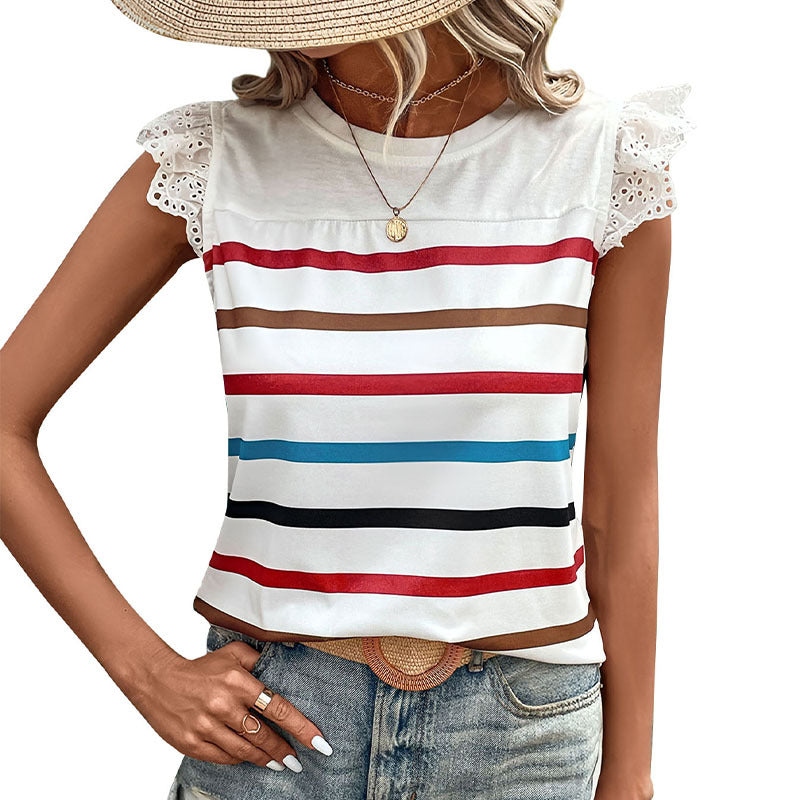 Damen T-Shirt mit Spitzenärmeln und gestreiftem Design R&B