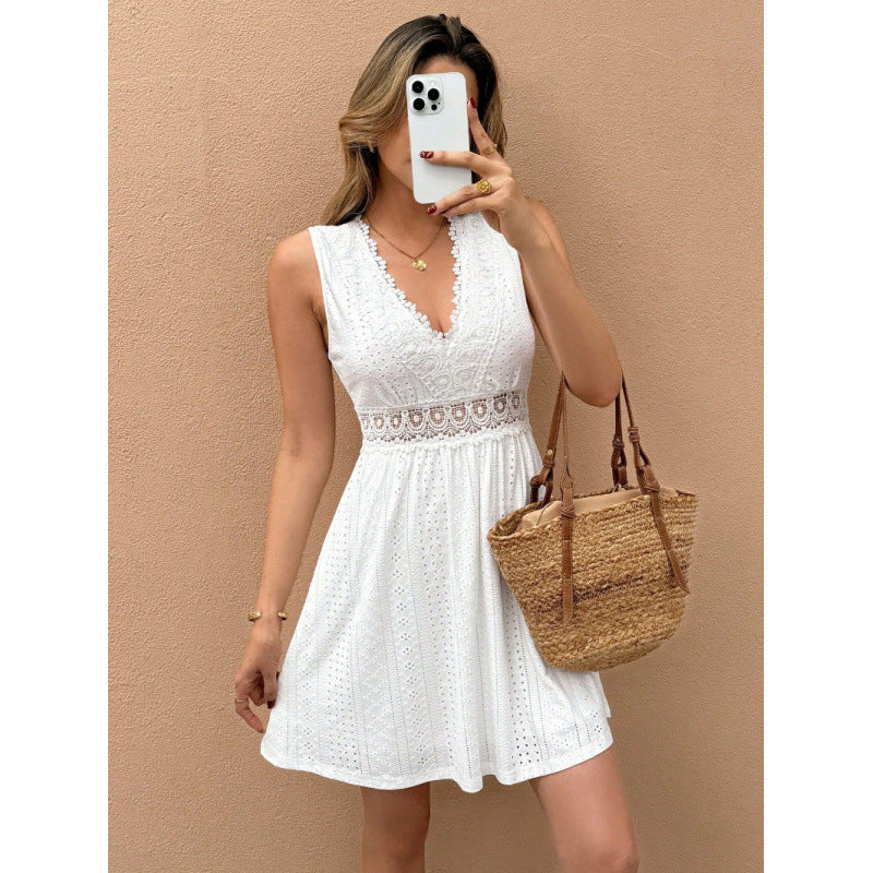 Damen Sommerliches Spitzenkleid mit tiefem V-Ausschnitt und elastischem Tailleneinsatz R&B