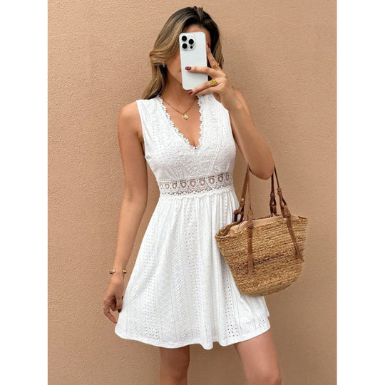 Damen Sommerliches Spitzenkleid mit tiefem V-Ausschnitt und elastischem Tailleneinsatz R&B
