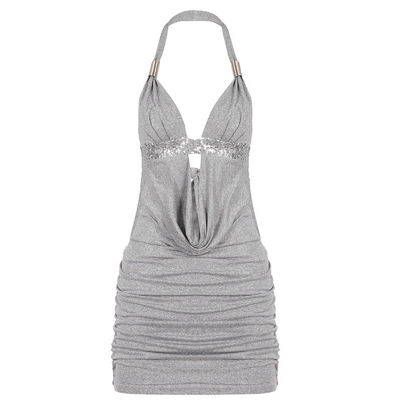 Damen Elegantes Halterkleid mit Raffungen und funkelnden Akzenten R&B