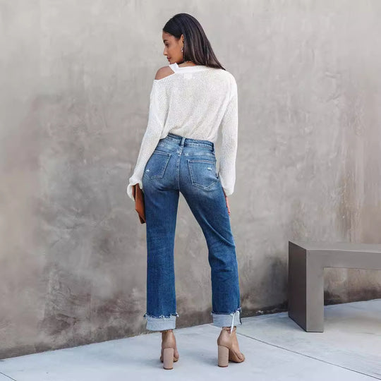 Damen lässige Flared Jeans mit modischen Fransen und hohem Bund R&B