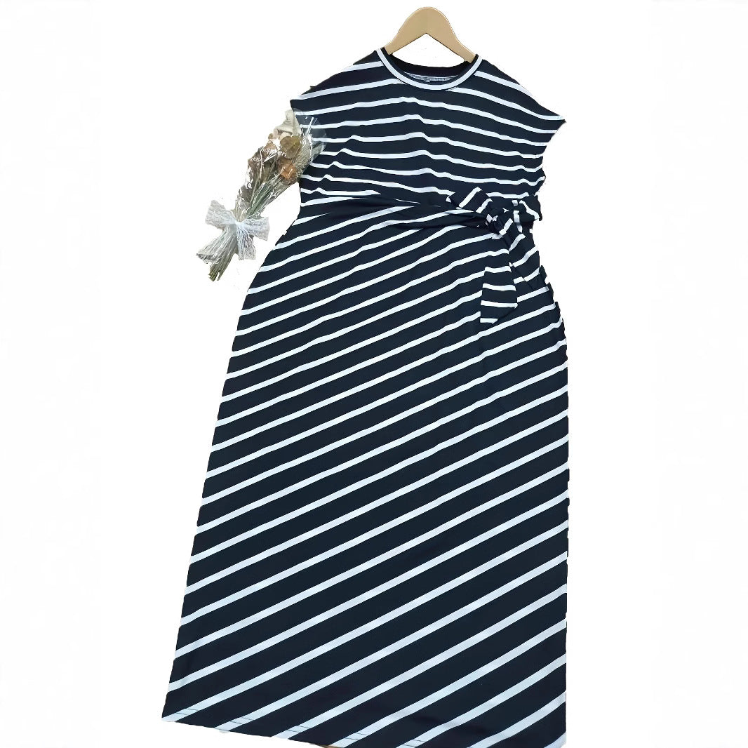 Damen Wickelmaxikleid mit Streifenmuster und elegantem Bund R&B