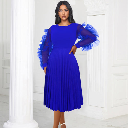 Damen plissiertes Kleid mit voluminösen Tüllärmeln R&B