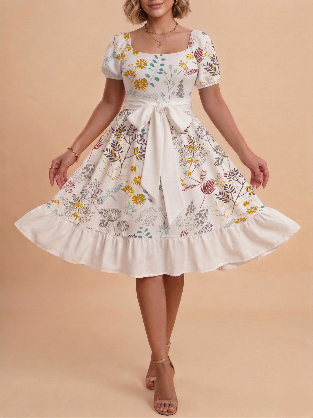 Damen modernes Blumenkleid mit elegantem Taillengürtel und asymmetrischem Saum R&B