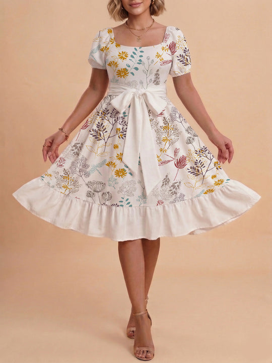 Damen modernes Blumenkleid mit elegantem Taillengürtel und asymmetrischem Saum R&B
