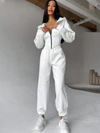 Damen Lässiger Utility-Jumpsuit mit hohem Kragen und Reißverschluss R&B