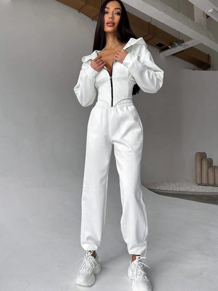 Damen Lässiger Utility-Jumpsuit mit hohem Kragen und Reißverschluss R&B