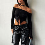 Damen Kapuzen Crop-Oberteil mit weitem Ärmel und Kordelzug EB
