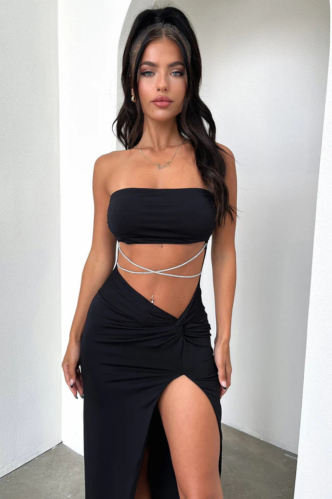 Damen Elegantes bandeau Maxikleid mit hohem Schlitz und glänzenden Details R&B