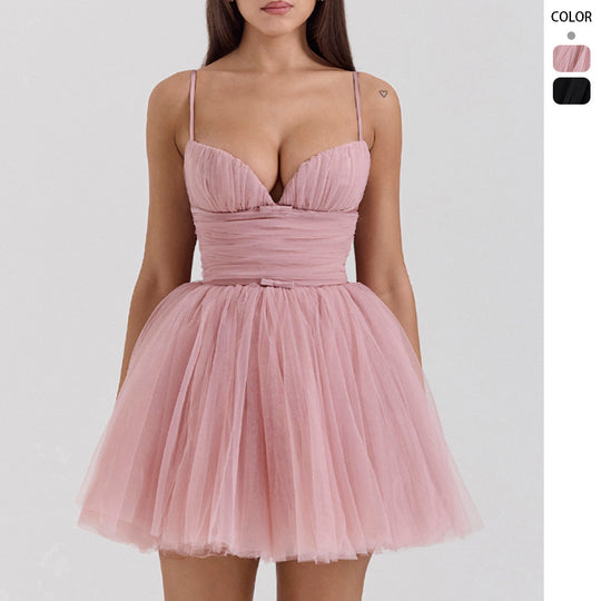 Damen Tüll Cocktailkleid mit tiefem V-Ausschnitt und gerafftem Oberteil R&B