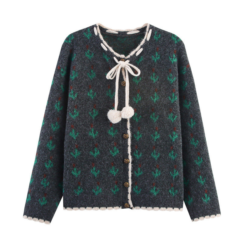Damen elegantes Strick-Set mit floralem Muster und dekorativen Borten R&B