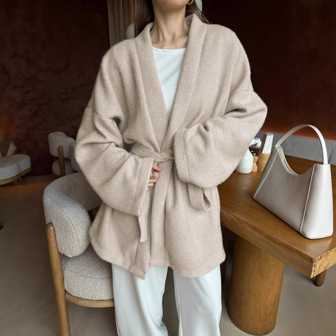 Damen modische offene Strickjacke mit Taillengürtel und weitem Schnitt R&B
