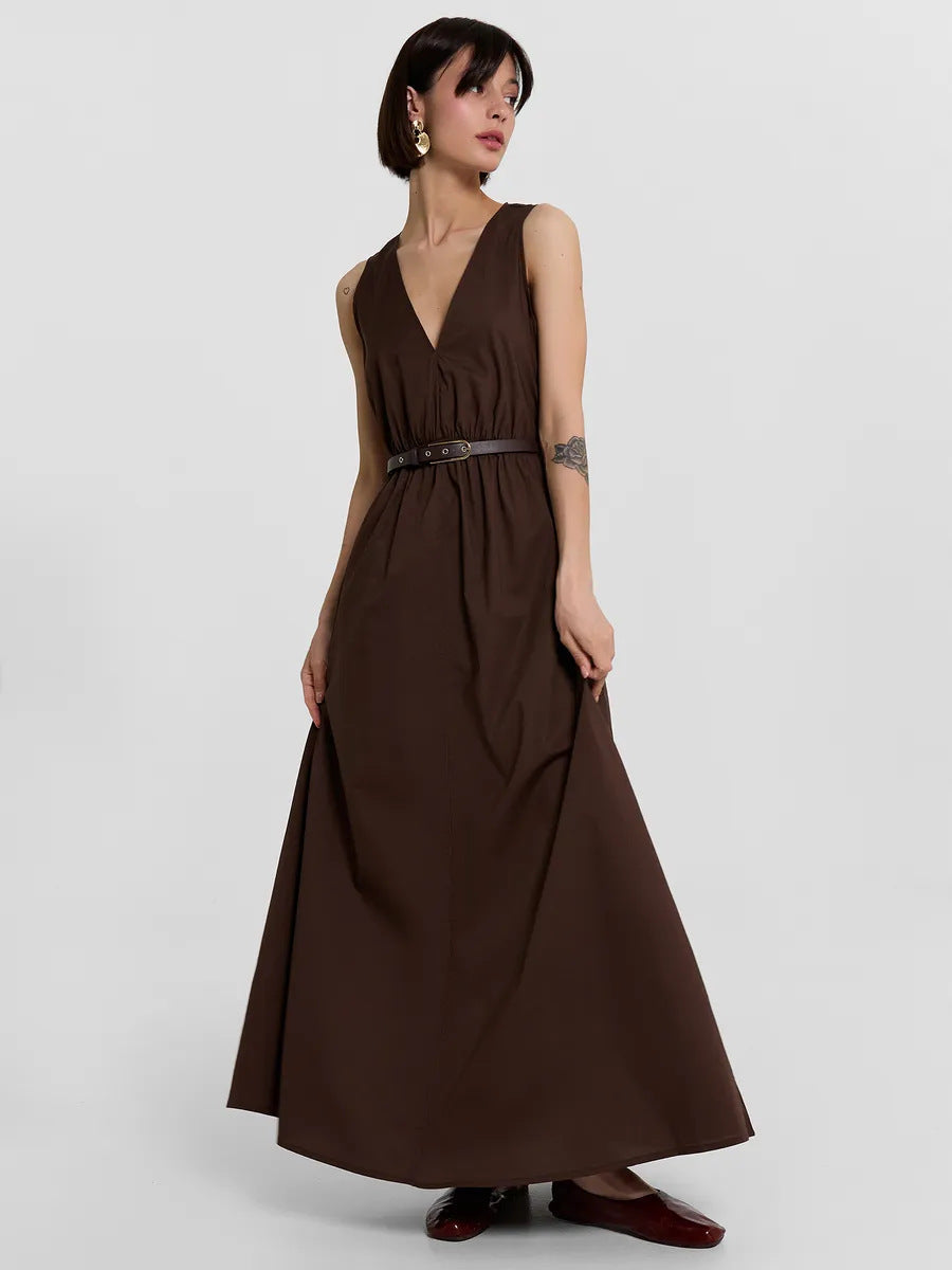 Damen Maxikleid mit stilvollem V-Ausschnitt und Taillengürtel R&B