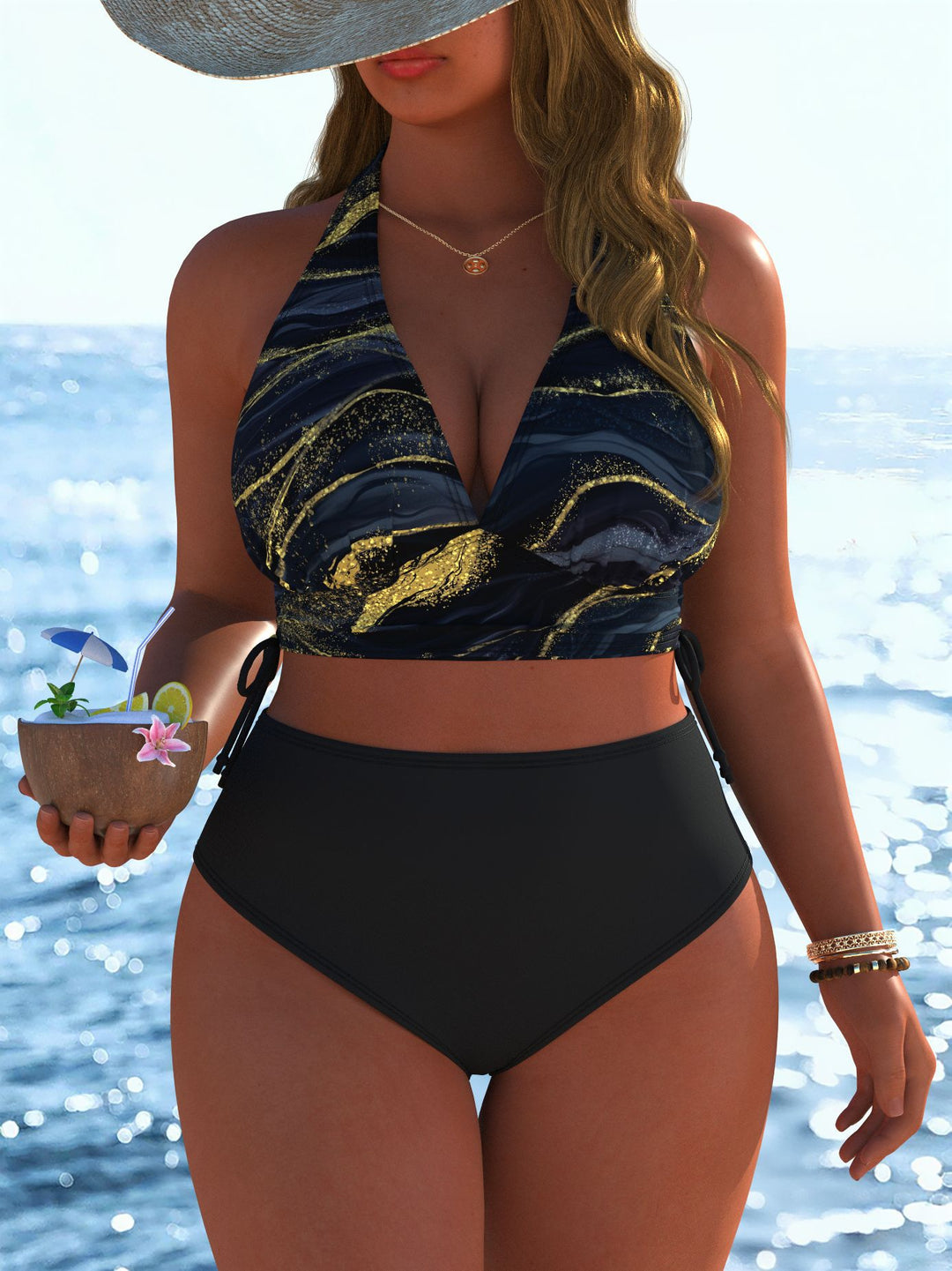 Damen Bikini-Set mit modernem Wickeloberteil und hoch tailliertem Höschen R&B