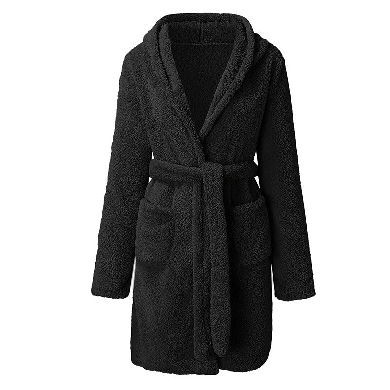 Damen Kuscheliger Fleece-Bademantel mit Kapuze und praktischen Taschen R&B