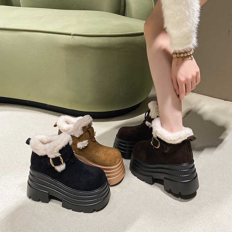 Damen Flauschige Plateau Stiefeletten mit modischer Schnalle R&B