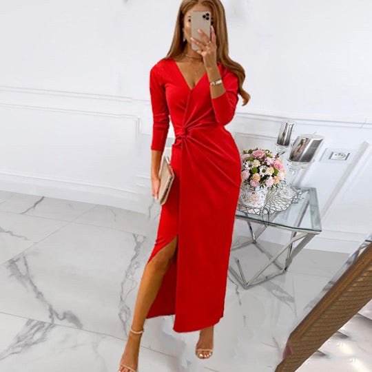 Damen Wickelmaxikleid mit elegantem Schlitz und tiefem V-Ausschnitt R&B