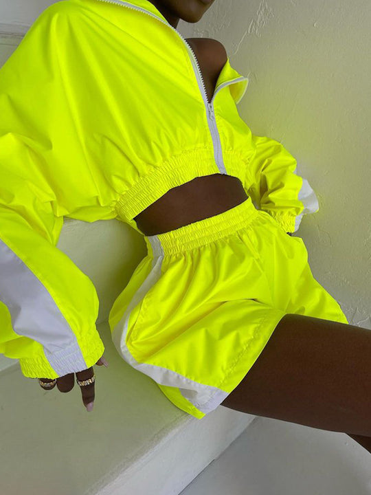 Damen sportliches Windbreaker-Set mit elastischem Bund und stylischen Kontraststreifen R&B