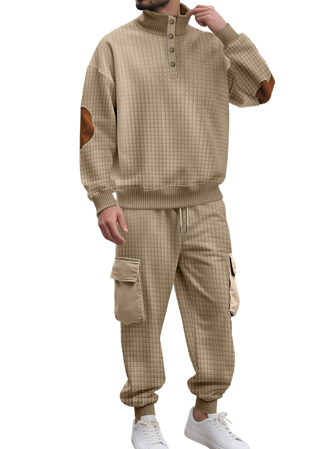 Herren nan Karo-Relief-Sweatset mit Stehkragen-Knopfleiste, Velours-Ellenbogenpatches und Cargo-Jogger R&B
