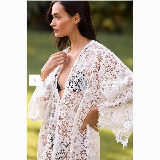 Damen Strandkimono mit floralem Häkelmuster und weit ausgestellten Ärmeln R&B