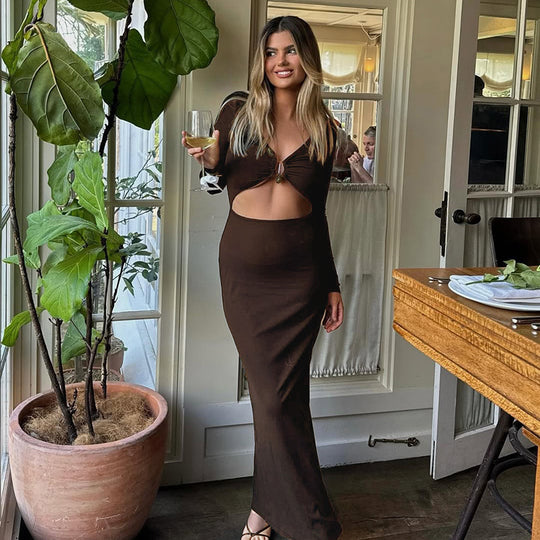 Damen elegantes langes Kleid mit Raffung und tiefem V-Ausschnitt R&B