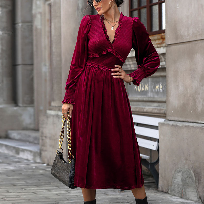 Damen elegantes Langarm-Wickelkleid mit Rüschendetails und hohem Rücken R&B