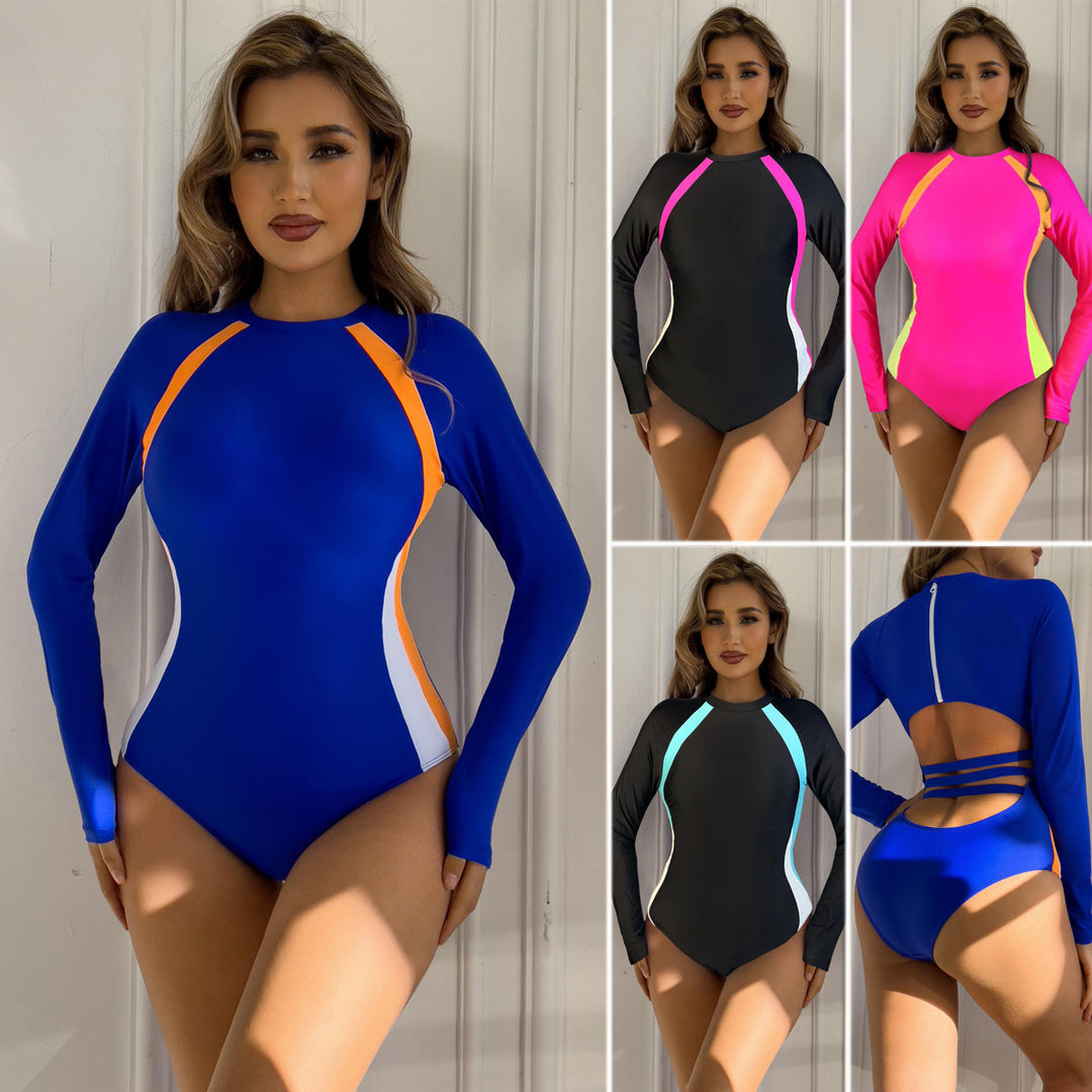 Damen Sportlicher Langarm-Badeanzug mit Farbblockdesign R&B