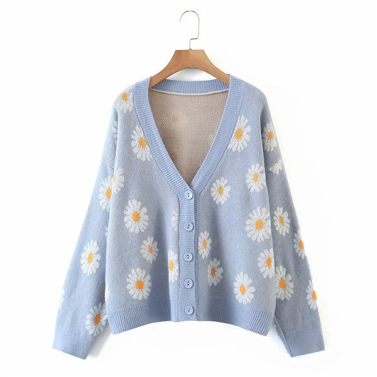 Damen Strickjacke mit Blumenmuster und V-Ausschnitt R&B