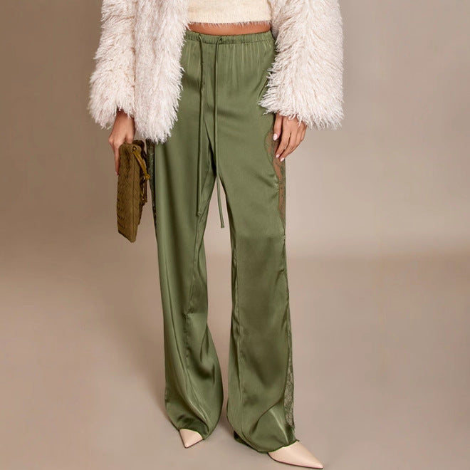 Damen nan Satinhose mit seitlichen Spitzeneinsätzen, weitem Bein und Tunnelzug R&B