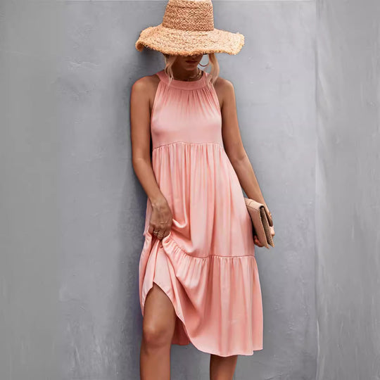 Damen luftiges Sommerkleid mit schwingendem Rock und hohem Hals R&B