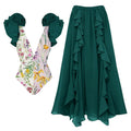 Damen Badeanzug-Set mit voluminösen Rüschendetails und elegantem Überrock R&B