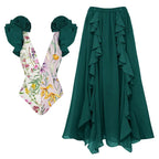 Damen Badeanzug-Set mit voluminösen Rüschendetails und elegantem Überrock R&B