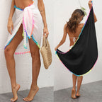 Damen eleganter Strandüberwurf mit buntem Pompon-Rand R&B