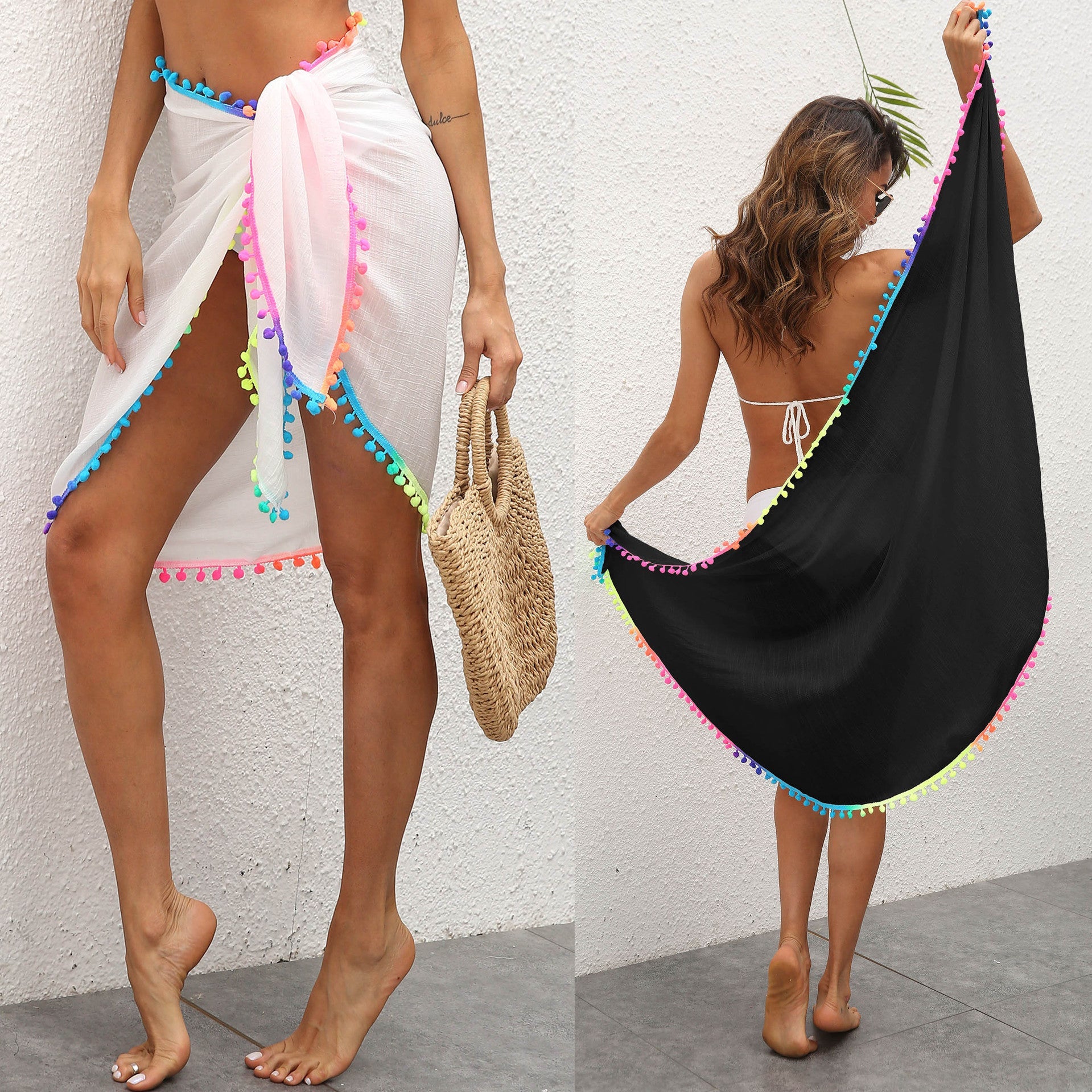 Damen eleganter Strandüberwurf mit buntem Pompon-Rand R&B