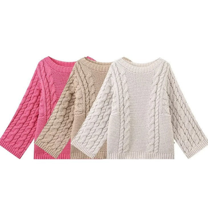 Damen Strickpullover mit voluminösen Ärmeln und strukturiertem Zopfmuster R&B