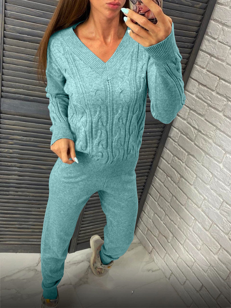 Damen Strickpullover und Jogginghose Set mit Zopfmuster R&B
