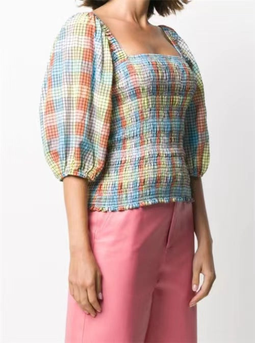 Damen Puffärmel Bluse mit kariertem Design R&B