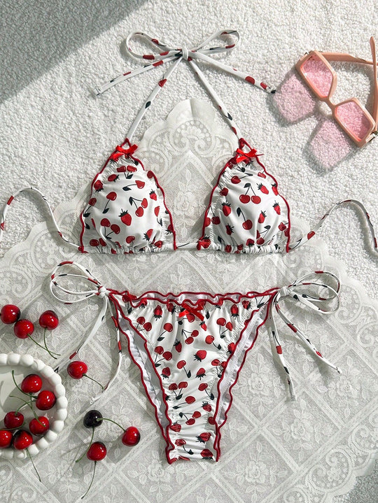 Damen Bikini-Set mit verspieltem Kirschmotiv und verstellbaren Trägern R&B