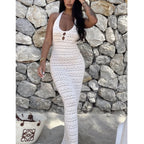 Damen Häkel-Maxikleid mit modischen Cut-Outs und lockerer Passform R&B
