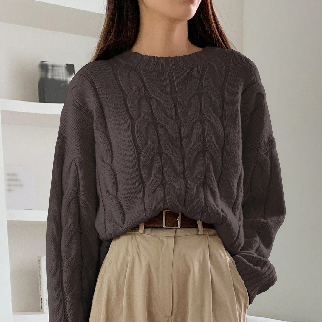 Damen Gemusterter Strickpullover mit voluminösen Ärmeln und Rundhalsausschnitt R&B