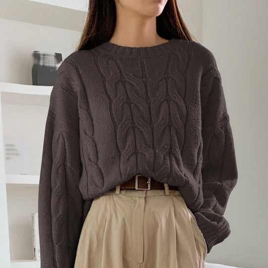 Damen Gemusterter Strickpullover mit voluminösen Ärmeln und Rundhalsausschnitt R&B