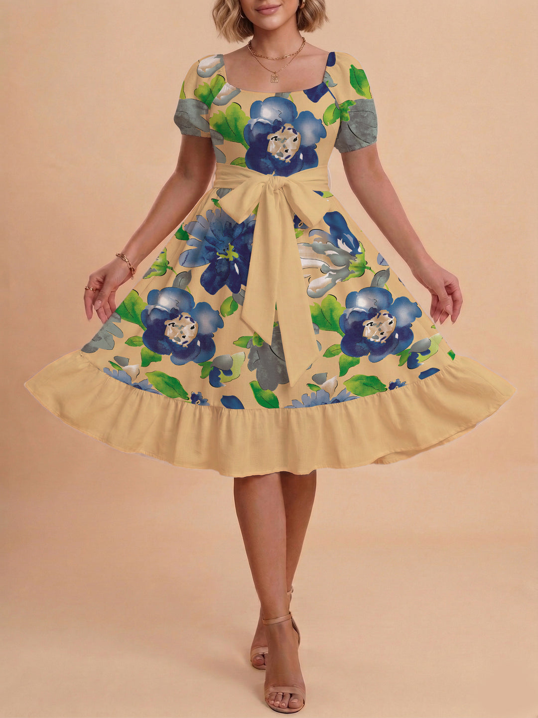 Damen Blumenkleid mit taillierbarem Gürtel und voluminösen Ärmeln R&B