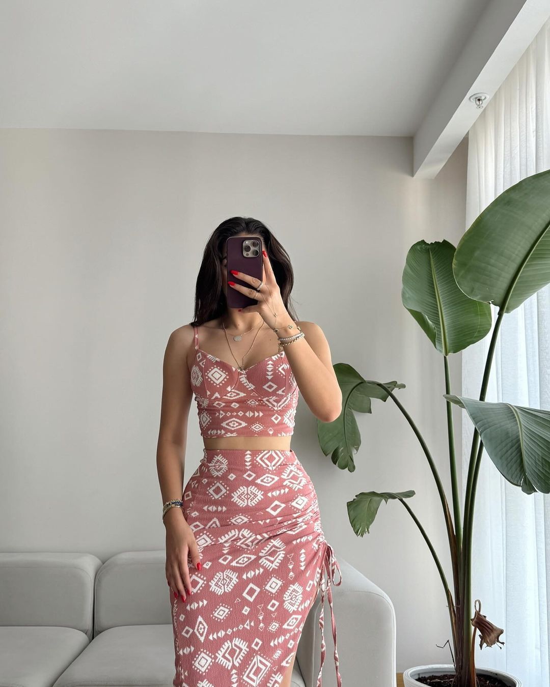 Damen Set aus Crop-Top und Knielangem Rock mit Raffungen R&B