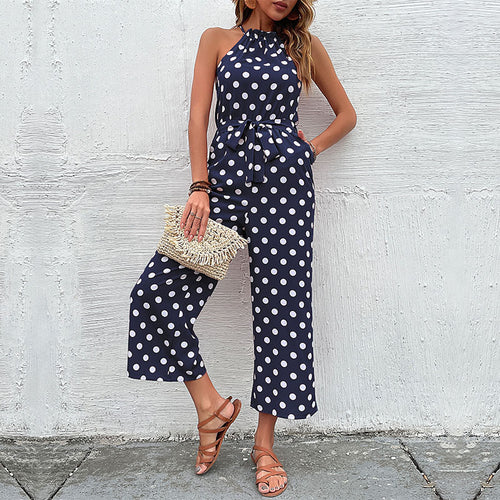 Damen eleganter Jumpsuit mit verstellbarem Bindegürtel und modischem Punkte-Design R&B