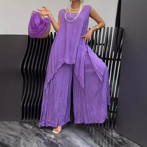 Damen nan luftiger Knitteroptik-Zweiteiler mit ärmelloser Tunika und weiter Palazzo-Hose R&B
