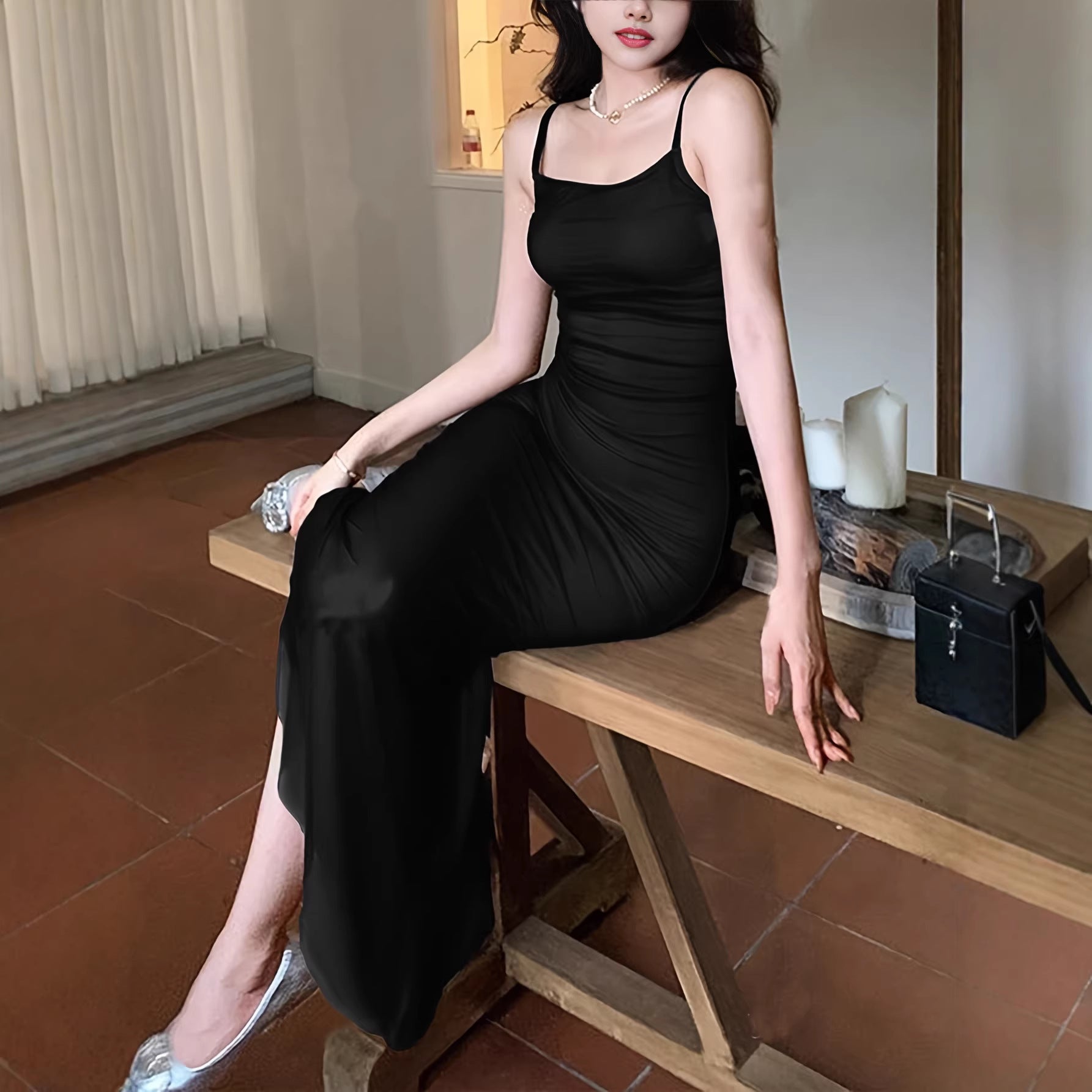 Damen langes Wickelkleid mit eleganter Silhouette und spaghettiträgen R&B