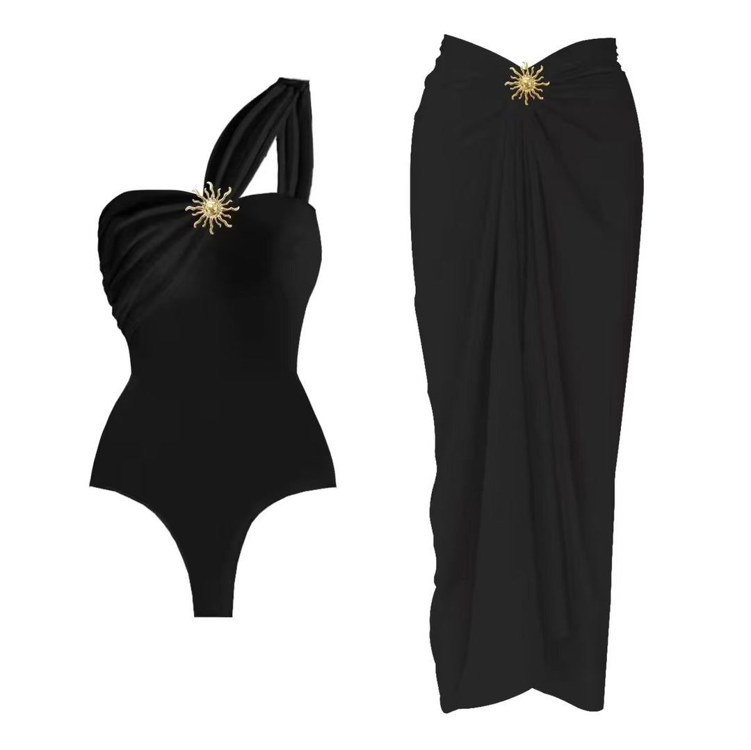 Damen einseitiger Badeanzug mit elegantem Drapierungsdesign und passendem Pareo R&B